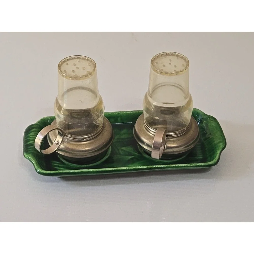 Vtg Japan Salt & Pepper Shakers Oil Lamp Metal Plastic Platform Hurricane MCM 3